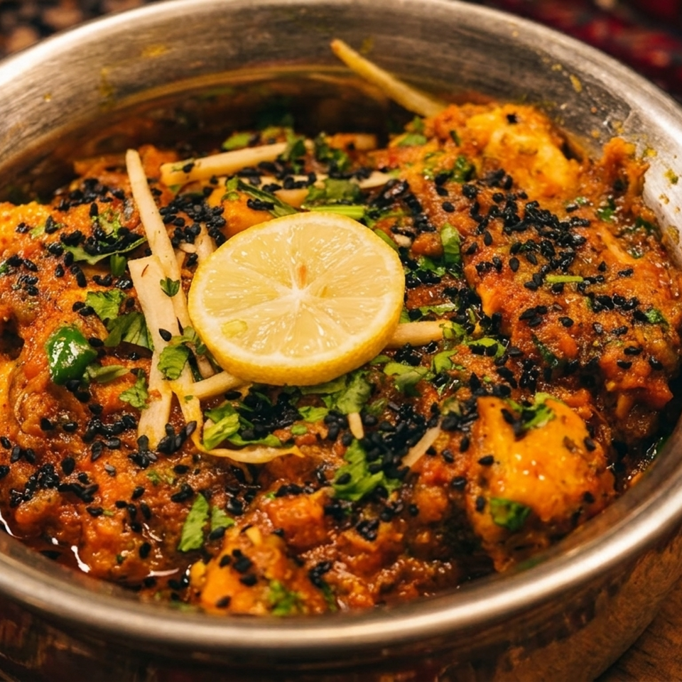 Chicken curry in a metal bowl, garnished with lemon, cilantro, and black sesame seeds.