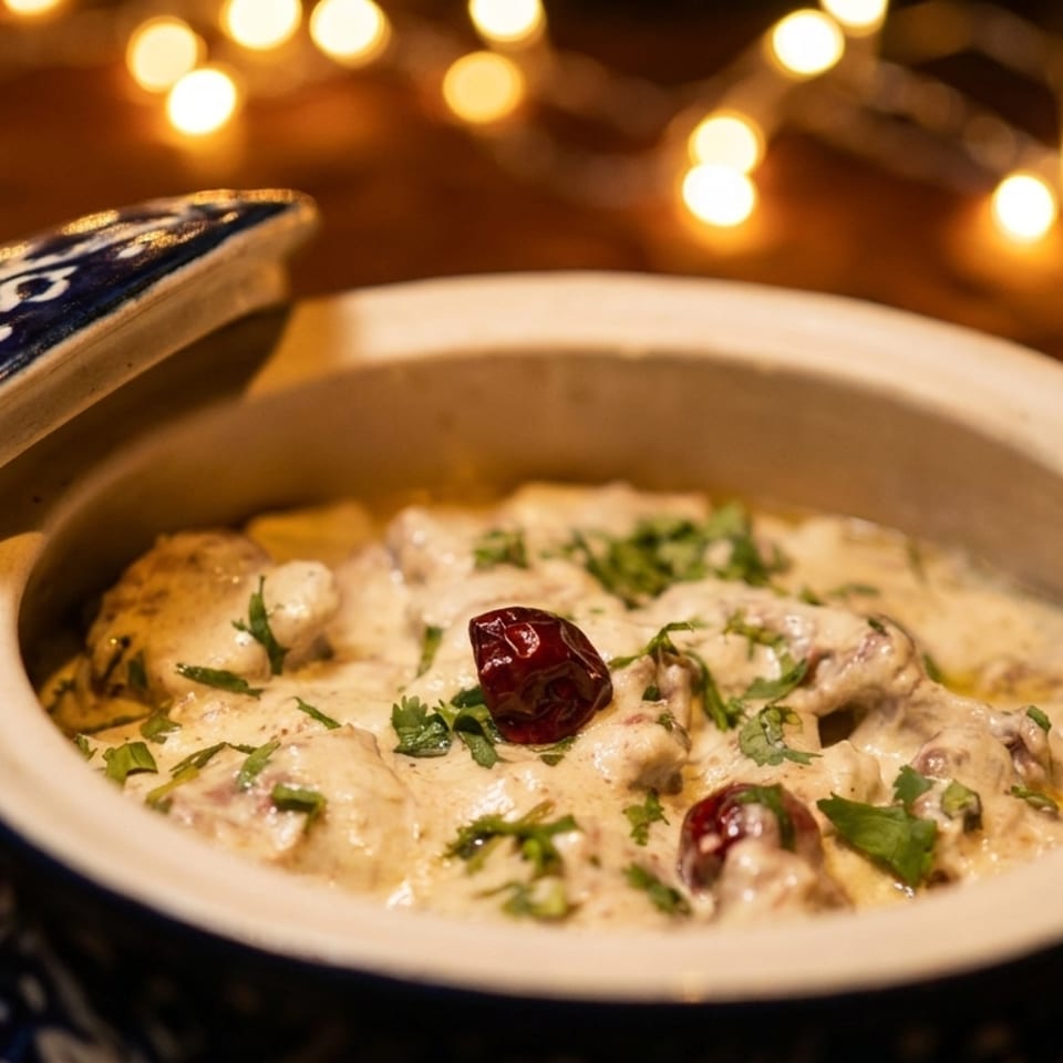 Creamy chicken karahi in a decorative blue and white pot, garnished with cilantro and red chilies.