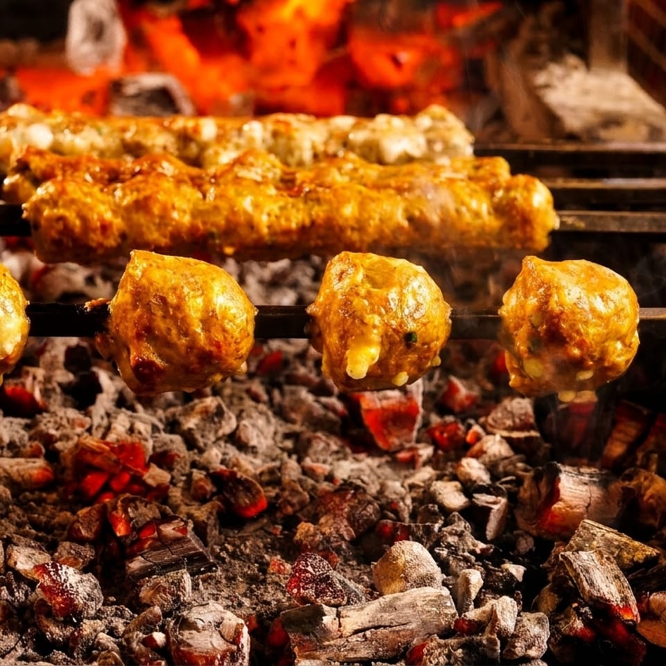 Skewers of golden-brown meat grilling over glowing embers and hot coals.