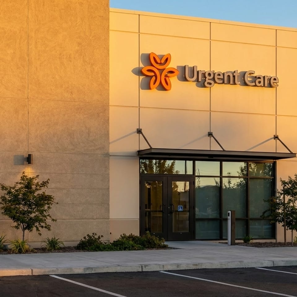 Exterior of an urgent care building with a prominent orange logo and entrance, bathed in warm sunlight.