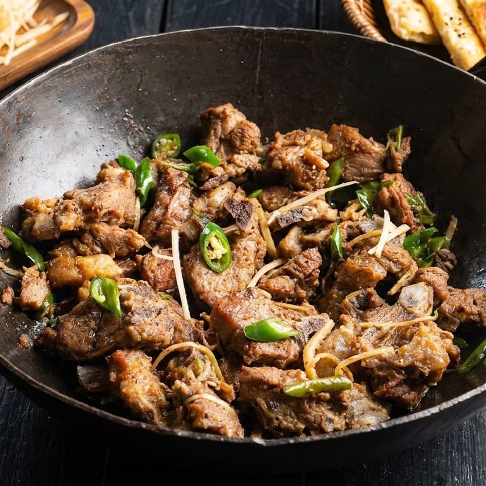 A black bowl of karahi gosht with green chilies and ginger, with naan bread and ginger slices.
