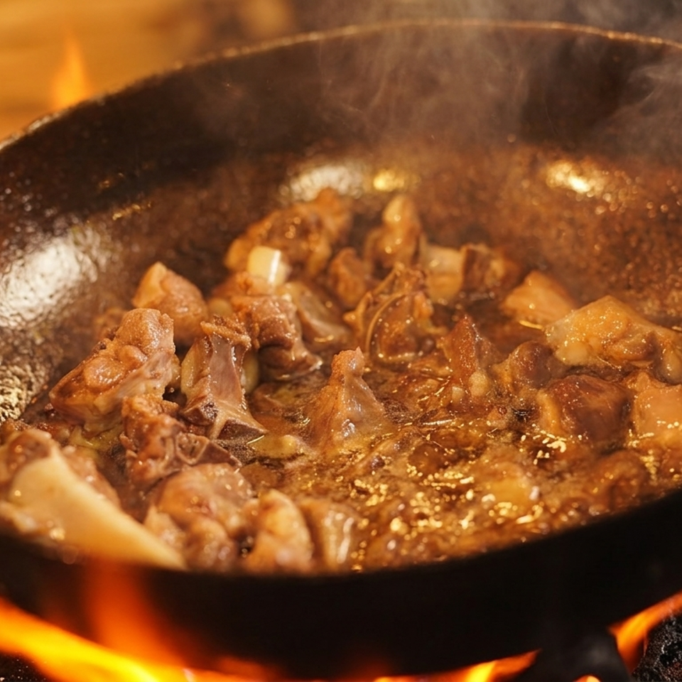 Meat and bones sizzling in a pan over an open flame, with steam rising.