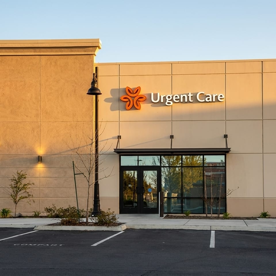 Exterior of a modern Urgent Care building with a prominent orange logo and glass entrance at sunset.