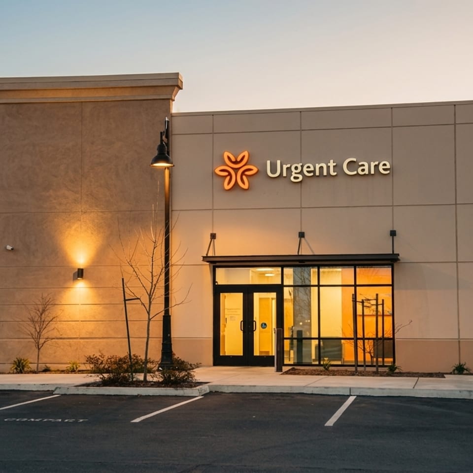 Exterior of an Urgent Care building at dusk, with illuminated sign and warm interior lighting.