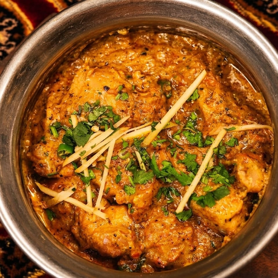 Overhead view of chicken karahi in a metal bowl, garnished with cilantro and ginger, on a patterned rug.