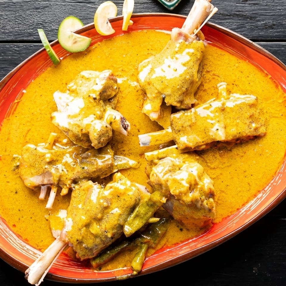 Lamb shanks in a rich yellow curry sauce, garnished with lemon and cucumber, served with naan.