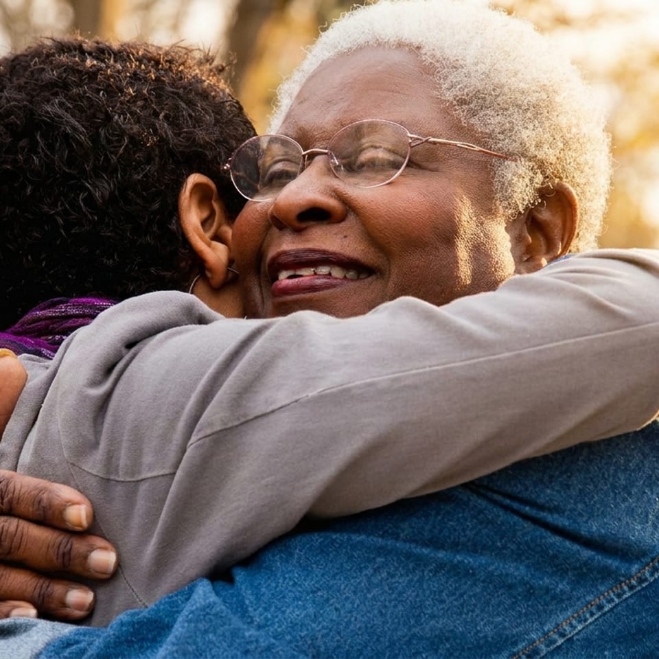 Two women, one with white hair and glasses, embracing warmly outdoors with trees in the background.