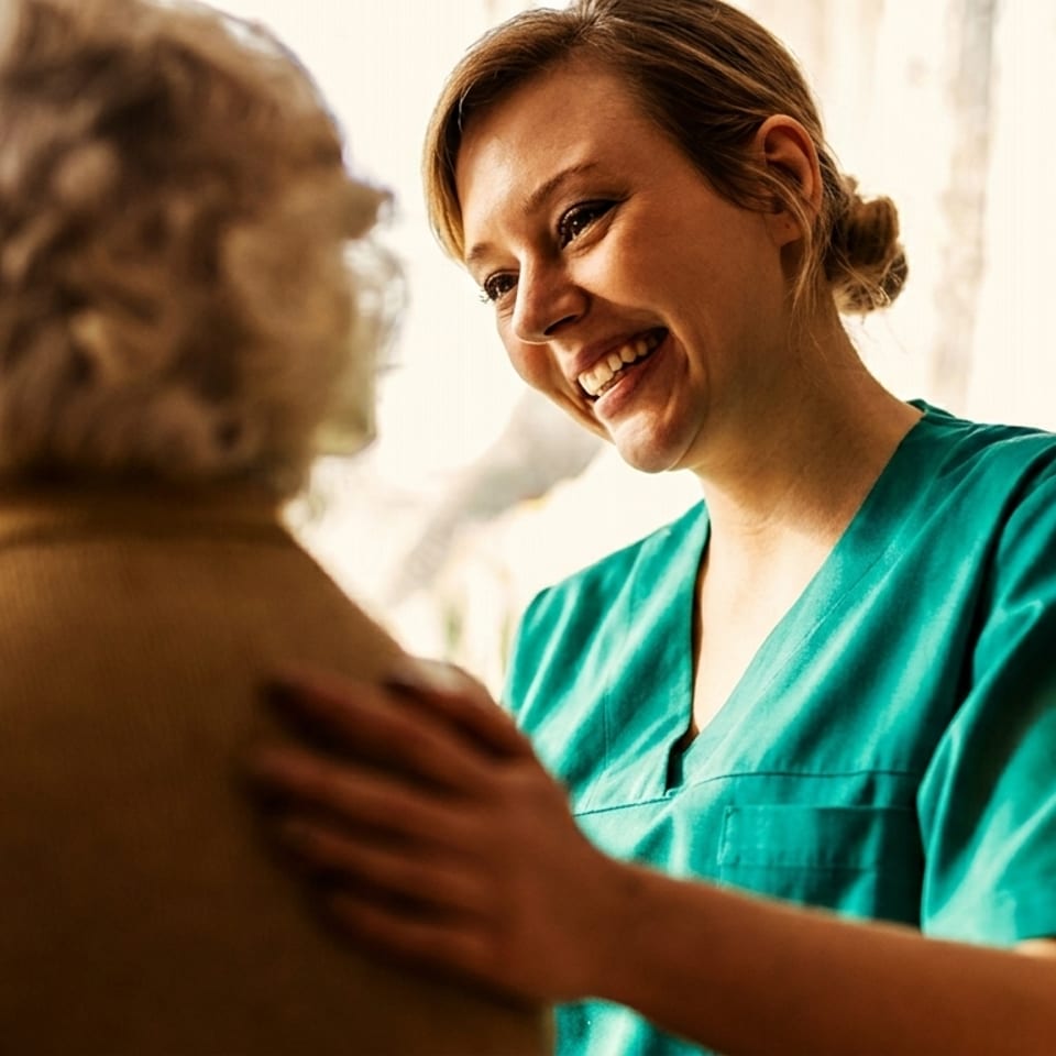 A smiling caregiver in teal scrubs gently touches the shoulder of an elderly person.