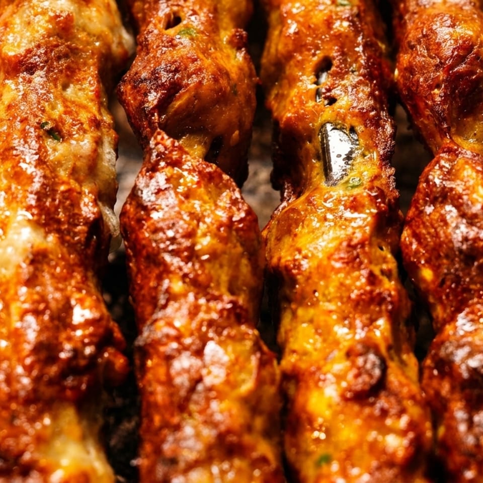 Close-up of several sizzling, golden-brown chicken seekh kebabs cooking on a grill.