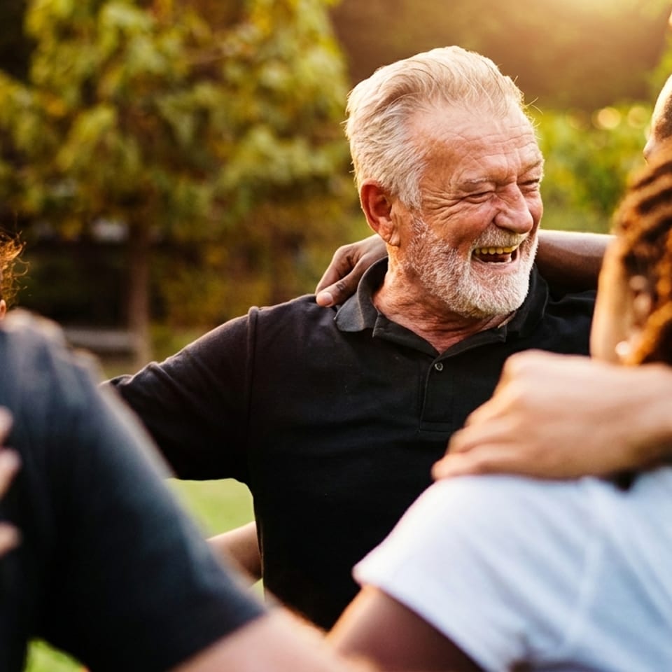 Diverse group of people embracing outdoors, with a laughing older man at the center.